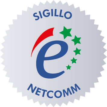 Logo di certificazione di sicurezza Netcomm con sigillo e stelle verdi.