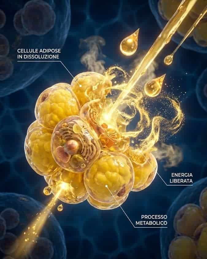 Rappresentazione 3D del processo metabolico delle cellule adipose.