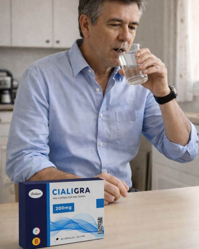 Uomo che beve acqua con confezione di CIALIGRA 200mg sul tavolo.