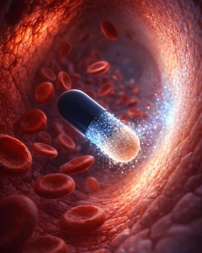 Capsula di farmaco che agisce nel sangue contro i globuli rossi.