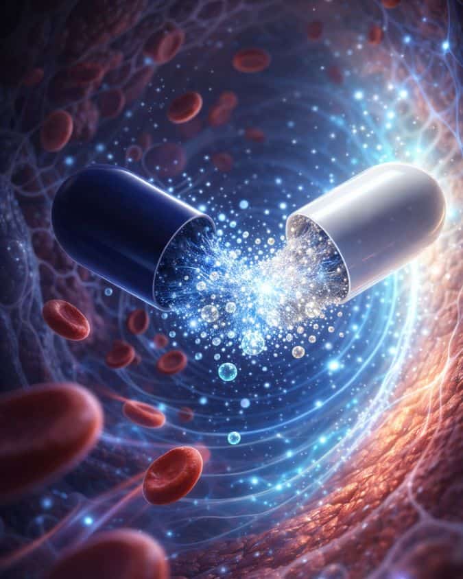 Capsula di medicina che si apre nel flusso sanguigno con globuli rossi.