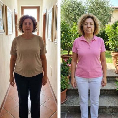 Prima e dopo il cambiamento di una donna in giardino.