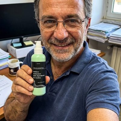 Uomo sorridente con bottiglia di prodotto naturale per la cura delle piante.