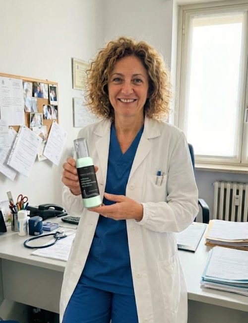 Donna professionista in erboristeria con prodotti a base di erbe.